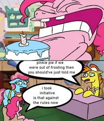 Size: 861x1000 | Tagged: safe, artist:jargon scott, derpibooru import, carrot cake, cup cake, pinkie pie, earth pony, pony, absolutenutcase162, bucktooth, cake, comic, dialogue, eyes closed, female, food, image, jpeg, male, mare, open mouth, speech bubble, spongebob squarepants, stallion, sugarcube corner, the cakes, trio