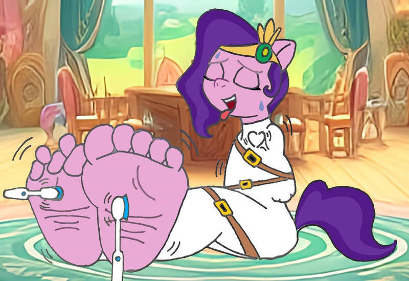 Size: 1079x741 | Tagged: suggestive, artist:feets-and-paws, derpibooru import, pipp petals, anthro, plantigrade anthro, g5, barefoot, feet, fetish, foot fetish, foot focus, image, jpeg, soles, tickling, toes, toothbrush, wiggling toes