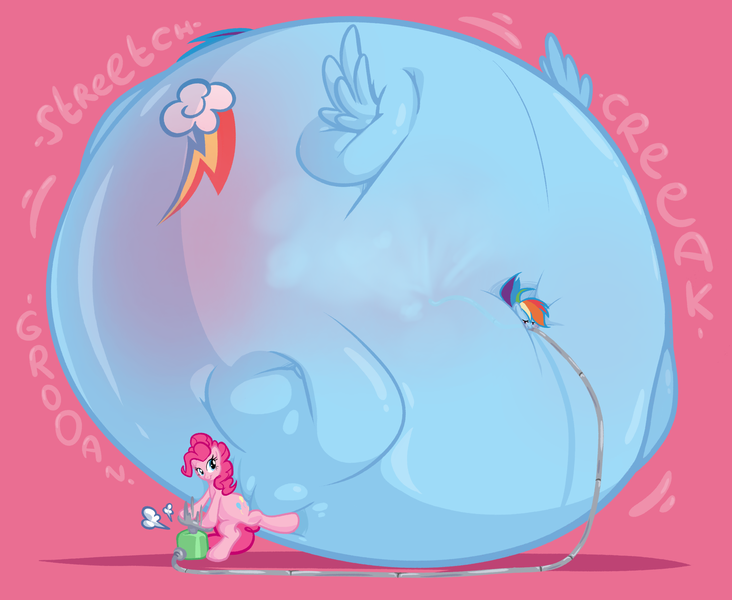 Size: 2410x1976 | Tagged: questionable, artist:edgeofmind, derpibooru import, pinkie pie, rainbow dash, air inflation, image, inflation, png, spherical inflation