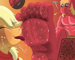 Size: 2804x2250 | Tagged: suggestive, artist:az12lol, derpibooru import, applejack, big macintosh, anthro, earth pony, human, plantigrade anthro, pony, ants, barefoot, barefooting, big feet, dirt, dirty, dirty feet, drool, duo, duo male and female, feet, feet on face, feet on table, female, fetish, foot fetish, foot focus, foot on face, foot worship, g4, giant anthro, giant/macro earth pony, image, licking, licking foot, male, male feet, mega giant, muscles, muscular male, muscular stallion, png, size comparison, size difference, soles, stallion, sweat, sweaty feet, tiny, toes, tongue out