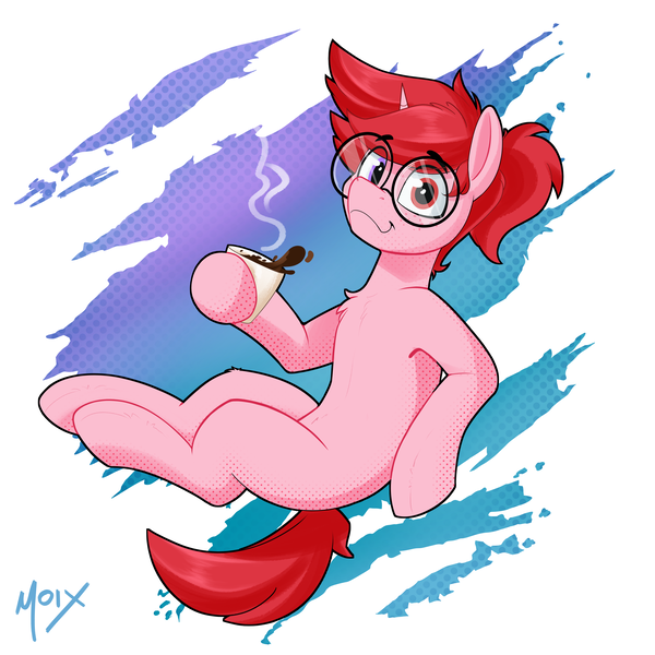 Size: 4000x4000 | Tagged: safe, artist:supermoix, derpibooru import, oc, oc:basura, pony, unicorn, coffee, coffee mug, cute, floating, glasses, heterochromia, horn, image, looking at you, mug, png, red eyes, red hair, redhead, simple background, smiling, solo, vapor