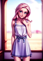 Size: 2112x3008 | Tagged: safe, ai content, derpibooru import, machine learning generated, prompter:regardedm8, stable diffusion, fluttershy, human, equestria girls, age difference, beautiful, beautiful eyes, beautiful hair, bestiality, blue eyes, blushing, breasts, clothes, dress, female, fetish, girly, good girl, good girl fluttershy, hair, hand on chest, happy, humanized, image, interspecies, light skin, long hair, looking at you, pink hair, png, proud, reasonably shaped breasts, reasonably sized breasts, smiling, smiling at you, solo, solo female, standing, teenage fluttershy, teenage girls, teenager