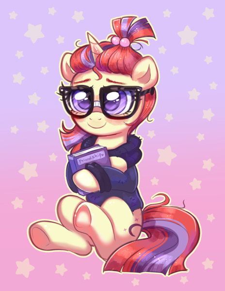 Size: 2735x3533 | Tagged: safe, artist:confetticakez, derpibooru import, moondancer, pony, unicorn, abstract background, book, clothes, colored eyebrows, cute, dancerbetes, eyebrows, female, g4, glasses, gradient background, high res, hoodie, horn, image, looking at you, mare, meganekko, png, sitting, smiling, smiling at you, solo, stars, underhoof