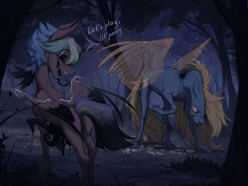 Size: 4000x3000 | Tagged: semi-grimdark, artist:avroras_world, derpibooru import, oc, unofficial characters only, pegasus, pony, artificial wings, augmented, bite mark, black sclera, blood, dialogue, duo, forest, forked tongue, image, jpeg, long tongue, magic, magic wings, nature, night, sharp teeth, teeth, tentacles, tongue out, tree, wings