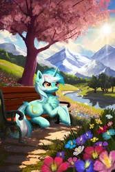 Size: 3600x5400 | Tagged: safe, artist:allegrenix, derpibooru import, lyra heartstrings, pony, unicorn, absurd resolution, bench, chest fluff, crepuscular rays, female, flower, forest, g4, grass, grass field, horn, image, mare, mountain, nature, outdoors, png, river, scenery, sitting, smiling, solo, sun, tree, water