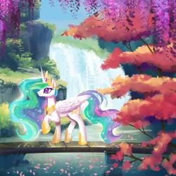 Size: 1800x1800 | Tagged: safe, artist:allegrenix, derpibooru import, princess celestia, alicorn, pony, bridge, crown, ethereal mane, ethereal tail, falling leaves, female, flowing mane, flowing tail, folded wings, g4, grass, hoof shoes, horn, image, jewelry, lake, leaves, mare, nature, outdoors, peytral, png, princess shoes, profile, raised hoof, regalia, scenery, scenery porn, smiling, solo, sparkles, tail, tree, water, waterfall, wings