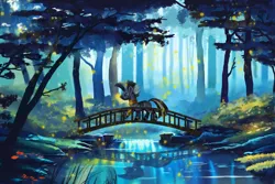 Size: 2700x1800 | Tagged: safe, artist:allegrenix, derpibooru import, zecora, firefly (insect), insect, zebra, bridge, everfree forest, female, forest, g4, high res, image, nature, outdoors, png, profile, reflection, river, scenery, side view, solo, tree, water
