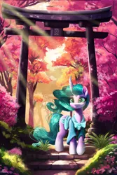 Size: 3600x5400 | Tagged: safe, artist:allegrenix, derpibooru import, mistmane, pony, unicorn, absurd resolution, clothes, crepuscular rays, curved horn, female, forest, g4, grass, horn, image, mare, nature, outdoors, png, scenery, solo, torii, tree