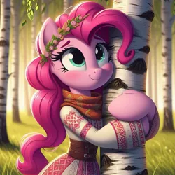 Size: 1024x1024 | Tagged: safe, ai content, derpibooru import, machine learning generated, pinkie pie, cyrillic, forest, hug, image, jpeg, nature, russian, slavic, solo, tree