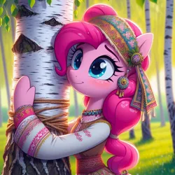 Size: 1024x1024 | Tagged: safe, ai content, derpibooru import, machine learning generated, pinkie pie, cyrillic, forest, hug, image, jpeg, nature, russian, slavic, solo, tree