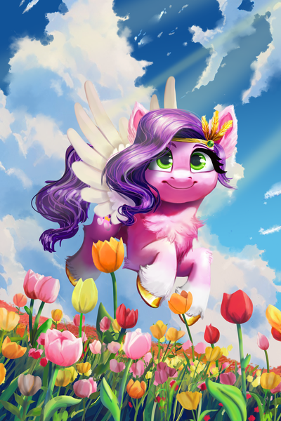 Size: 3600x5400 | Tagged: safe, artist:allegrenix, derpibooru import, pipp petals, pegasus, pony, g5, absurd resolution, adorapipp, chest fluff, cloud, coat markings, colored eyebrows, colored hooves, colored wings, cute, diadem, eyebrows, female, flower, flower field, flying, gold hooves, heart, heart eyes, hooves, image, jewelry, looking at you, mare, meadow, outdoors, png, regalia, sky, smiling, smiling at you, socks (coat marking), solo, spread wings, tulip, unshorn fetlocks, white wings, wingding eyes, wings