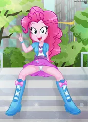 Size: 1439x2000 | Tagged: suggestive, artist:charliexe, derpibooru import, pinkie pie, human, equestria girls, age difference, beautiful, beautiful eyes, beautiful hair, bestiality, blue coat, blue eyes, boots, breasts, building, busty pinkie pie, city, clothes, coat, curly hair, female, fetish, g4, girly, good girl, good girl pinkie, hair, happy, heart, high heel boots, human coloration, humanized, image, interspecies, jpeg, looking at you, open mouth, open smile, panties, pink hair, pink ribbon, pink skin, pink skirt, reasonably shaped breasts, reasonably sized breasts, ribbon, shoes, sitting, skirt, small pupils, smiling, smiling at you, solo, solo female, stairs, taking a photo, teenage girls, teenage pinkie pie, teenager, town, tree, two fingers, underwear, united states, upskirt, white panties, white underwear