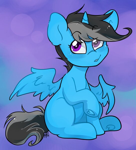 Size: 3500x3861 | Tagged: safe, artist:midnightpremiere, derpibooru import, oc, unofficial characters only, alicorn, pony, abstract background, alicorn oc, blank flank, commission, eyebrows, eyebrows visible through hair, frog (hoof), horn, image, jpeg, one wing out, sitting, solo, underhoof, wings