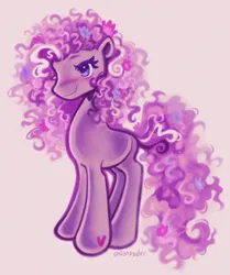 Size: 894x1070 | Tagged: safe, artist:onionpwder, derpibooru import, wysteria, earth pony, pony, g3, blushing, colored eyelashes, colored pinnae, curly mane, curly tail, eyelashes, female, flower, flower in hair, flower in tail, heart, heart mark, image, long mane, long tail, mare, multicolored mane, multicolored tail, pink background, png, purple coat, purple eyes, signature, simple background, smiling, solo, standing, tail, tall, wingding eyes