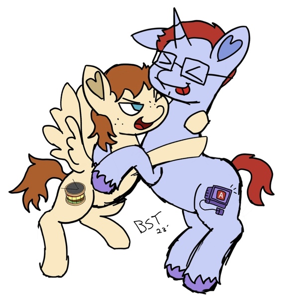 Size: 1144x1184 | Tagged: safe, artist:bloodysticktape, derpibooru import, oc, oc:burger bee, pegasus, unicorn, horn, image, jpeg