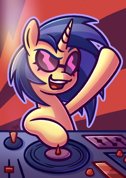 Size: 1240x1748 | Tagged: safe, artist:doozoo, derpibooru import, vinyl scratch, pony, unicorn, abstract background, blushing, color palette challenge, female, g4, glasses, hoof in air, horn, image, jpeg, limited palette, mare, open mouth, open smile, signature, smiling, solo, turntable, vinyl's glasses