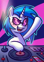 Size: 1240x1748 | Tagged: safe, alternate version, artist:doozoo, derpibooru import, vinyl scratch, pony, unicorn, abstract background, blushing, female, g4, glasses, hoof in air, horn, image, jpeg, mare, open mouth, open smile, signature, smiling, solo, turntable, vinyl's glasses