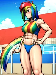 Size: 768x1024 | Tagged: safe, ai content, derpibooru import, generator:pixai.art, machine learning generated, prompter:anonymous, stable diffusion, rainbow dash, human, abs, big breasts, bikini, breasts, busty rainbow dash, clothes, female, g4, humanized, image, long hair, png, solo, solo female, sports, swimsuit, tankini, tomboy, volleyball, volleyball net