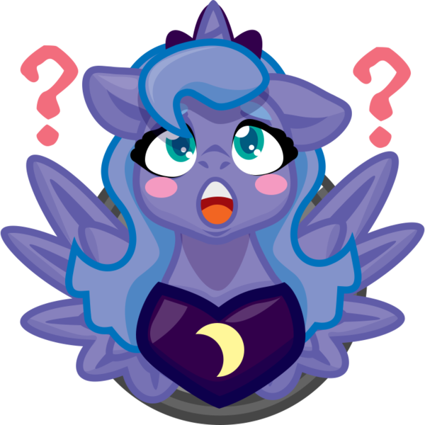 Size: 750x750 | Tagged: safe, artist:devorierdeos, derpibooru import, princess luna, alicorn, pony, female, filly, image, inspiration, jewelry, png, question mark, regalia, spread wings, wings, woona, younger