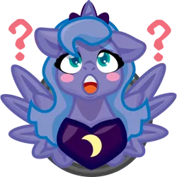 Size: 750x750 | Tagged: safe, artist:devorierdeos, derpibooru import, princess luna, alicorn, pony, female, filly, image, inspiration, jewelry, png, question mark, regalia, spread wings, wings, woona, younger