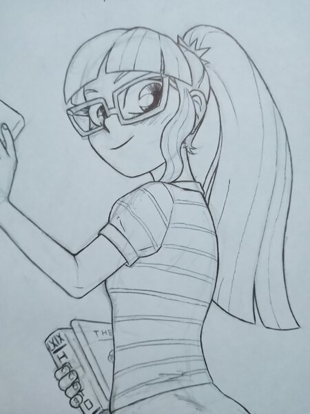 Size: 3072x4096 | Tagged: safe, artist:public mistake, derpibooru import, sci-twi, twilight sparkle, human, equestria girls, blushing, book, female, g4, grayscale, image, jpeg, looking at you, looking back, monochrome, pencil drawing, smiling, smiling at you, solo, traditional art, wip