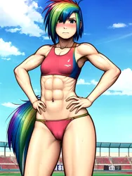 Size: 768x1024 | Tagged: safe, ai content, derpibooru import, generator:pixai.art, machine learning generated, prompter:anonymous, stable diffusion, rainbow dash, human, abs, bikini, breasts, clothes, colored, delicious flat chest, female, g4, humanized, image, png, race track, rainbow flat, small breasts, solo, solo female, sports, stadium, swimsuit, tankini, tomboy