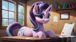 Size: 1920x1080 | Tagged: safe, ai content, derpibooru import, machine learning generated, prompter:truekry, stable diffusion, starlight glimmer, pony, unicorn, g4, generator:pony diffusion v6 xl, high res, horn, image, looking at you, office, png, smiling, smiling at you, wallpaper