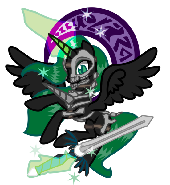 Size: 6492x7059 | Tagged: grimdark, artist:devorierdeos, derpibooru import, oc, oc:nightseer, alicorn, fallout equestria, alicorn oc, armor, blasphemy, bone, bone armor, halo, horn, image, png, skull, skull mask, spread wings, sword, weapon, wings