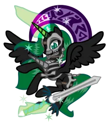 Size: 6492x7059 | Tagged: grimdark, artist:devorierdeos, derpibooru import, oc, oc:nightseer, alicorn, fallout equestria, alicorn oc, armor, blasphemy, bone, bone armor, halo, horn, image, png, skull, skull mask, spread wings, sword, weapon, wings