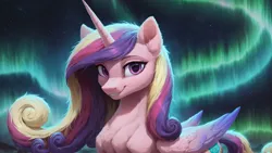 Size: 2560x1440 | Tagged: safe, ai content, derpibooru import, machine learning generated, prompter:truekry, stable diffusion, princess cadance, alicorn, pony, aurora borealis, g4, generator:pony diffusion v6 xl, high res, image, looking at you, png, smiling, smiling at you, wallpaper