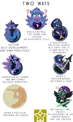 Size: 750x1250 | Tagged: safe, artist:devorierdeos, derpibooru import, nightmare moon, princess luna, oc, oc:nightseer, alicorn, pony, fallout equestria, female, filly, image, joke, meme, moon, png, prime minister luna, question mark, saint luna, text, woona, younger