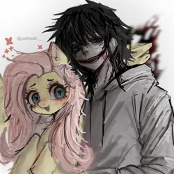 Size: 2048x2048 | Tagged: semi-grimdark, derpibooru import, fluttershy, butterfly, insect, pegasus, pony, big eyes, blood, blood on face, blood splatter, blushing, clothes, colored pinnae, creepy, creepy smile, crossover, duo, duo male and female, ear fluff, fangs, female, g4, hoodie, image, jeff the killer, jpeg, male, mare, meme, open mouth, open smile, pale skin, sharp teeth, signature, simple background, smiling, teeth, white background, wingding eyes