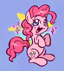 Size: 1734x1921 | Tagged: safe, artist:doozoo, derpibooru import, pinkie pie, earth pony, pony, :3, blue background, cute, diapinkes, female, g4, happy, image, jpeg, mare, open mouth, open smile, raised hoof, raised hooves, signature, simple background, smiling, solo, sparkles