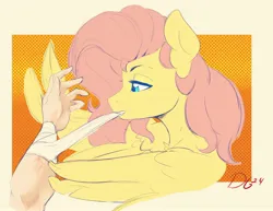 Size: 2472x1905 | Tagged: safe, alternate version, artist:thelunarmoon, derpibooru import, fluttershy, human, pegasus, pony, bandage, colored sketch, disembodied hand, female, hand, image, jpeg, mare, mouth hold, offscreen character, sketch, solo focus