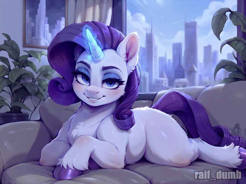 Size: 1024x768 | Tagged: safe, ai content, derpibooru import, machine learning generated, prompter:raif, stable diffusion, rarity, pony, unicorn, blue eyes, blushing, chest fluff, city, cityscape, couch, curtains, day, ear fluff, eyebrows, eyelashes, eyeliner, eyeshadow, female, g4, generator:easyfluff v11.2, glow, glowing horn, hooves, horn, illustration, image, indoors, jpeg, looking at you, lying down, makeup, painting, plant, smiling, smiling at you, solo, tail, wallpaper, watermark, window