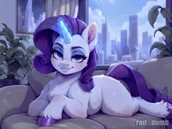 Size: 1024x768 | Tagged: safe, ai content, derpibooru import, machine learning generated, prompter:raif, stable diffusion, rarity, pony, unicorn, blue eyes, blushing, chest fluff, city, cityscape, couch, curtains, day, ear fluff, eyebrows, eyelashes, eyeliner, eyeshadow, female, g4, generator:easyfluff v11.2, glow, glowing horn, hooves, horn, illustration, image, indoors, jpeg, looking at you, lying down, makeup, painting, plant, smiling, smiling at you, solo, tail, wallpaper, watermark, window
