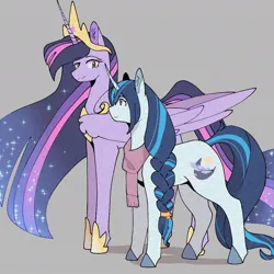 Size: 1024x1024 | Tagged: safe, artist:daisyle, derpibooru import, princess twilight 2.0, twilight sparkle, twilight sparkle (alicorn), oc, oc:nightshine, alicorn, pony, unicorn, the last problem, clothes, duo, duo female, female, gray background, height difference, horn, image, jpeg, looking at each other, looking at someone, mare, older, older twilight, older twilight sparkle (alicorn), scarf, simple background, smiling, smiling at each other