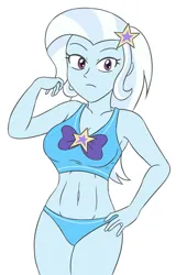 Size: 1774x2775 | Tagged: safe, artist:sumin6301, derpibooru import, trixie, human, equestria girls, belly, belly button, bikini, blue panties, blue underwear, bow, breasts, busty trixie, clothes, eyebrows, eyelashes, female, g4, hairpin, hand on hip, high res, hips, image, jpeg, legs, legs together, long hair, looking at you, no pants, panties, purple bow, serious, sexy, simple background, solo, standing, swimsuit, tanktop, thighs, trixie's beach shorts swimsuit, underwear, white background, white hair