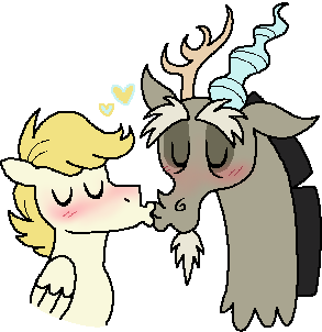 Size: 293x302 | Tagged: safe, artist:_oodlezz_, derpibooru import, discord, oc, oc:exist, draconequus, hippogriff, hybrid, pony, commission, cute, gay, griffequus, image, kissing, male, png, ych result, your character here