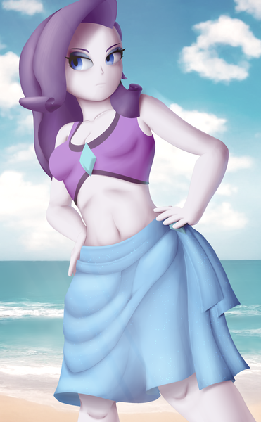 Size: 2584x4181 | Tagged: safe, artist:asapphiere, artist:azuretto, artist:irizen, derpibooru import, rarity, human, equestria girls, equestria girls series, beach, belly button, clothes, female, g4, hand on hip, high res, image, midriff, ocean, png, rarity's purple bikini, sarong, solo, swimsuit, water