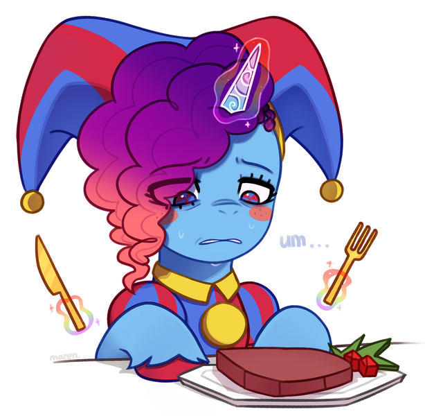 Size: 2541x2485 | Tagged: safe, artist:maren, derpibooru import, ponified, pony, unicorn, g5, eye clipping through hair, food, fork, glow, glowing horn, hat, horn, image, jester hat, jester outfit, knife, levitation, low poly, magic, meat, misty brightdawn, png, pomni, ponies eating meat, rebirth misty, simple background, solo, sweat, sweatdrops, telekinesis, the amazing digital circus, unshorn fetlocks, white background