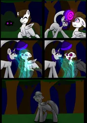 Size: 904x1280 | Tagged: safe, artist:askhypnoswirl, derpibooru import, oc, original species, pegasus, pony, unicorn, comic, forest, hiding in bushes, horn, hypnosis, image, jpeg, nature, petrification, soul vore, tongue out, tree, vore
