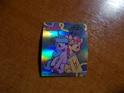 Size: 1024x768 | Tagged: safe, derpibooru import, official, izzy moonbow, sunny starscout, earth pony, unicorn, g5, 2d, berry, food, fruit, horn, image, indonesian, jpeg, looking at each other, looking at someone, merchandise, photo, shiny, sitting, smiling, sticker, together, together forever