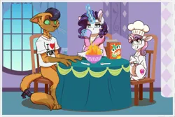 Size: 1772x1181 | Tagged: safe, artist:inuhoshi-to-darkpen, derpibooru import, capper dapperpaws, rarity, sweetie belle, abyssinian, anthro, cat, digitigrade anthro, pony, unicorn, my little pony: the movie, bathrobe, blushing, bowl, breakfast, cereal, cereal box, chair, cheek fluff, chef's hat, clothes, coffee, commission, cooking, crossed hooves, drink, drinking, ear fluff, elbow fluff, eyebrows, eyebrows visible through hair, female, filly, fire, fluffy, food, g4, glow, glowing horn, hat, hock fluff, horn, image, leg fluff, levitation, magic, male, mare, mug, neck fluff, png, rarity is not amused, robe, sheepish grin, shirt, shoulder fluff, siblings, simpsons did it, sisters, sitting, spoon, surprised, sweat, sweatdrop, sweetie belle can't cook, sweetie fail, table, tail, tail wrap, telekinesis, trio, unamused, unshorn fetlocks, wide eyes, window
