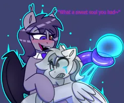 Size: 2103x1752 | Tagged: safe, artist:askhypnoswirl, derpibooru import, oc, oc:awya lightfeather, bat pony, pegasus, pony, crying, heterochromia, image, open mouth, particles, petrification, png, simple background, soul stealing, tentacles, text