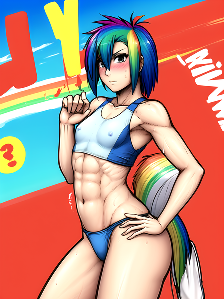 Size: 768x1024 | Tagged: safe, ai content, derpibooru import, generator:pixai.art, machine learning generated, novelai, prompter:anonymous, stable diffusion, rainbow dash, human, abs, bikini, breasts, clothes, colored, delicious flat chest, female, g4, humanized, image, muscles, muscular female, png, rainbow flat, rainbuff dash, small breasts, solo, sports, sweat, swimsuit, tankini, tomboy