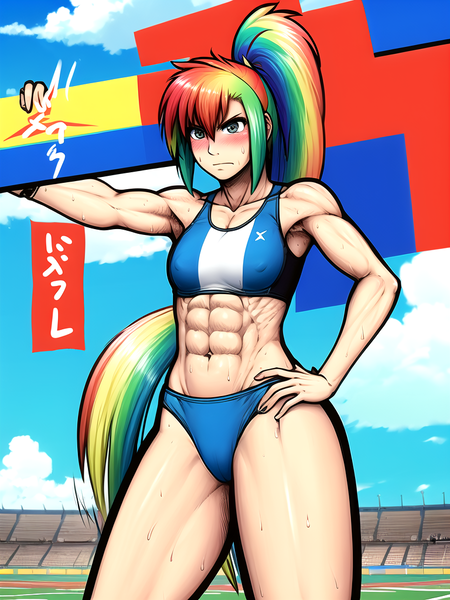 Size: 768x1024 | Tagged: safe, ai content, derpibooru import, generator:pixai.art, machine learning generated, novelai, prompter:anonymous, stable diffusion, rainbow dash, human, abs, bikini, breasts, clothes, colored, delicious flat chest, female, g4, humanized, image, muscles, muscular female, png, race track, rainbow flat, rainbuff dash, small breasts, solo, sports, stadium, sweat, swimsuit, tankini, tomboy