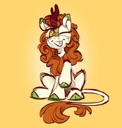Size: 2000x2100 | Tagged: safe, artist:crimmharmony, derpibooru import, autumn blaze, kirin, colored, female, front view, grin, image, one eye closed, png, raised hoof, simple background, sitting, sketch, smiling, solo, solo female, wink