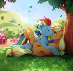 Size: 2048x1986 | Tagged: safe, artist:applesartt, derpibooru import, applejack, rainbow dash, earth pony, pegasus, pony, the last problem, appledash, colored eyebrows, duo, duo female, eyebrows, eyes closed, falling leaves, female, folded wings, freckles, g4, grass, hatless, high res, image, kissing, leaves, legs in air, lesbian, lying down, mare, missing accessory, older, older appledash, older applejack, older rainbow dash, on back, outdoors, png, shipping, signature, smiling, snuggling, sweet apple acres, tree, wings