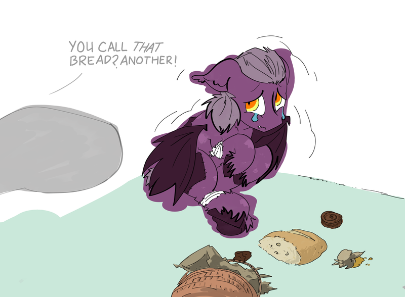 Size: 4213x3099 | Tagged: safe, artist:ponny, derpibooru import, oc, unofficial characters only, bat pony, pony, basket, bread, bully, bullying, crying, food, image, male, png, pointing, shivering, solo, speech bubble, text, unshorn fetlocks
